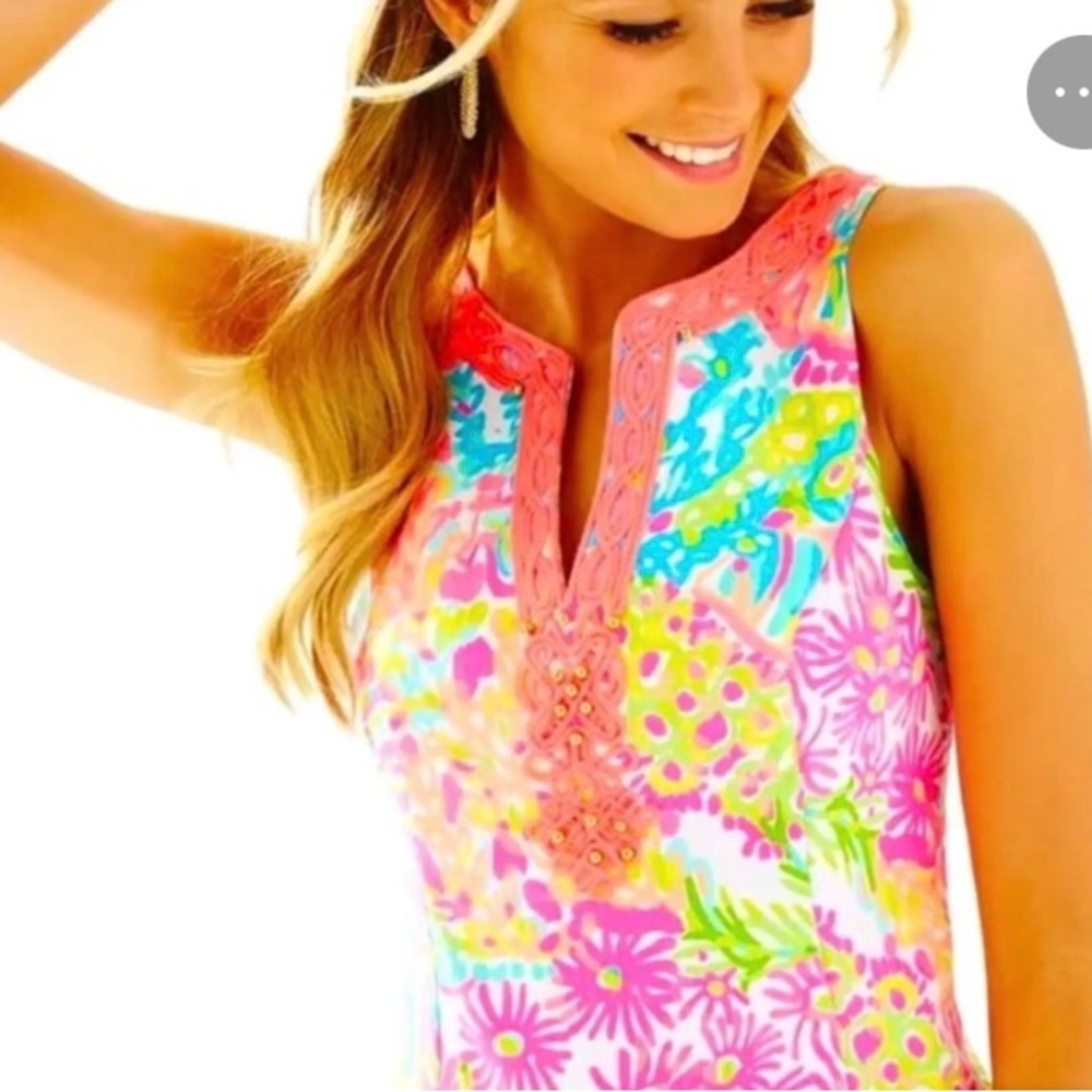 Lilly Ryder Multi Lovers Coral Print Beaded Lace front shift dress